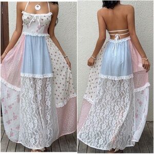 Boho Floral Print Stretchy Waist Lace Color Block Halter Maxi Dress new